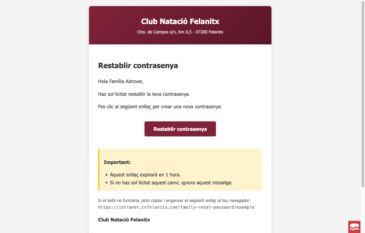 Email con el enlace para restablecer la contraseña