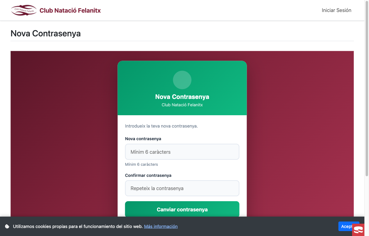 Pantalla para establecer la nueva contraseña