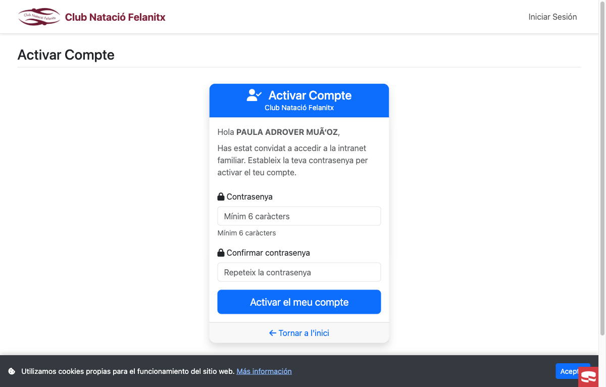 Pantalla de activación de cuenta